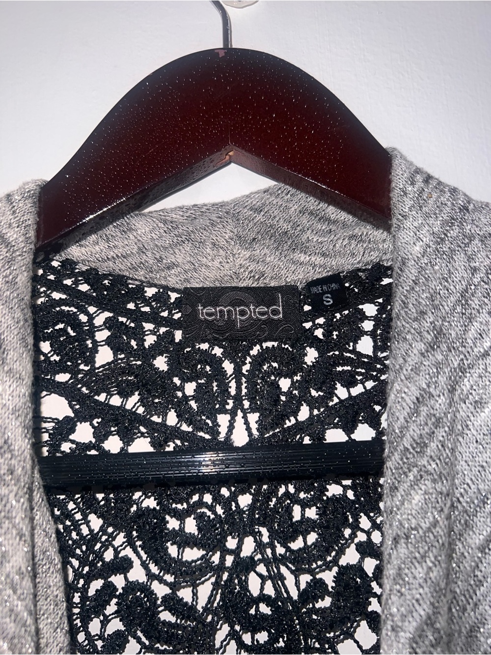 Tempted Gray Lace-Back Open Cardigan Size S - Boho Peplum Drape - Picture 5 of 5